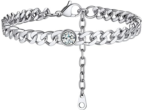 PROSTEEL Fußkettchen Damen Edelstahl 22+5cm Panzerkette Fußarmband mit April Geburtsstein Sommer Strand Knöchel Armband Schmuck Accessoire für Frauen