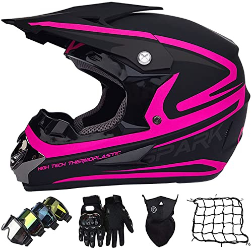 Casco de Motocross, Casco Moto Integral, Casco Motocross Infantil Dot Certificación Casco Moto Cross para Mujer Hombre Adultos Casco Dirt Bike con Gafas Máscara Guantes Y Red De Casco -Carcasa ABS