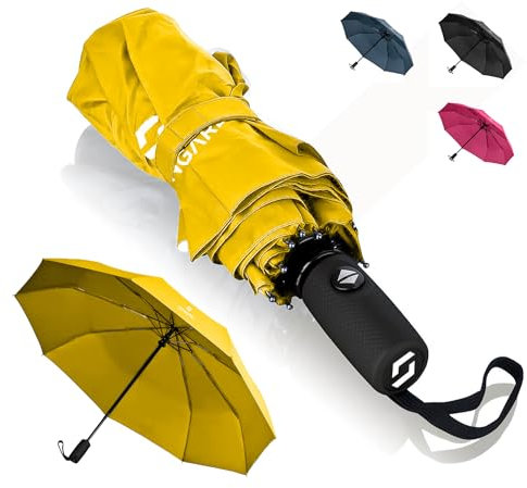 STYNGARD Regenschirm sturmfest bis 140 km/h - Taschenschirm mit Auf-zu-Automatik und zertifizierter Teflon-Beschichtung gegen Feuchtigkeitsschäden - kurzer Griff - Modell OSLO (Gelb)