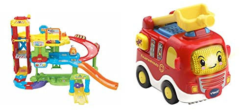 Vtech TUT TUT Baby Flitzer - Parkgarage, Bunt, 66.6 x 75.3 x 45.1 cm & TUT TUT Baby Flitzer - Feuerwehrauto – Spielzeugauto mit Musik, aufleuchtender Taste, spannenden Sätzen und Geräuschen