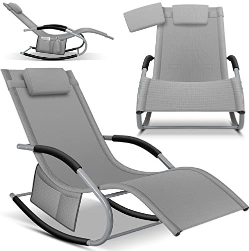 KESSER® Sonnenliege Relaxliege Schwungliege | Gartenliege | Gartenstuhl | Liegestuhl | Schaukelsessel | ergonomische Relaxsessel | Kopfkissen | wetterfest | 150 kg Belastung |Inkl. Seitentasche, Grau