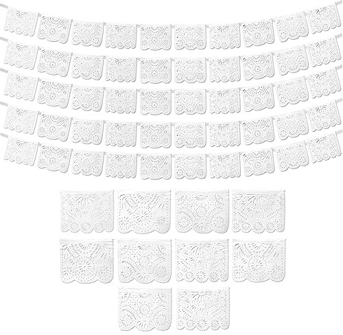 White Papel Picado Banner (5 Pack - 10 Plastic Flags per Banner) - White Mexican Banners for Parties and Weddings - Mexican Themed Party Decorations - Papel Picado Mexicano para Decoraciones