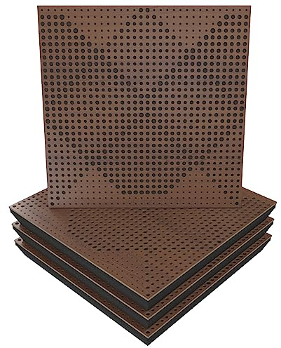 Lot de 4 panneaux acoustiques absorbants et diffusants | 50x50x5 cm | Absorption - Diffusion - Réflexion - Correction acoustique | Bois perforé laminé : [x4 WILDS | Noix]