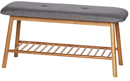 WENKO Schuhbank mit Sitzpolster Nori, aus Bambus, Bezug aus 100% Polyester, 90 x 45 x 34 cm, Braun/Grau