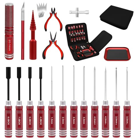 19 i 1 RC verktygssats, RC skruvmejsel verktygsset sexkantig sexkantsmutter stjärnskruvmejsel spårskruvmejsel tång RC reparationssats för 1/8 1/10 Traxxas Axial Arrma DJI drönare röd