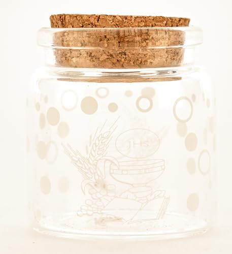 Doni Bomboniere Communion Lot de 48 bocaux en verre décoré avec marque-places pour dragées, épices, symboles calice et hostie, bouchon liège, idées cadeaux complètes originales bon marché