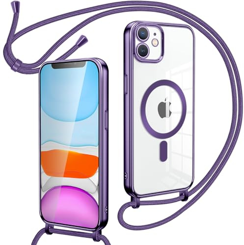 Oelrstfe Collier Coque avec Cordon pour iPhone 11, Transparent Réglable Étui Chain Chaine Housse de Souple Silicone Antichoc Etui Bandouliere Laniere pour iPhone 11 - Violet