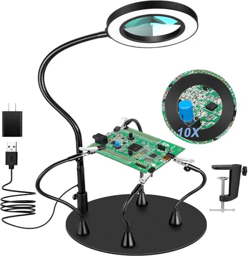 MagnieOpti Helping Hands Soldering Station with 5X Magnifying Glass with light, PCB Holder 4 Flexible Arms Magnifier and Third Hand Tool for Electronic Repair Soldering Jewelry Crafts Electronics