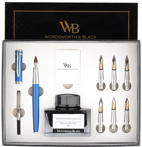 Wordsworth & Black Set regalo penna per calligrafia, include bottiglia d'inchiostro, 6 cartucce d'inchiostro, convertitore ricarica d'inchiostro, 6 punte di ricambio, Pacchetto Premium [Cromo Blu]