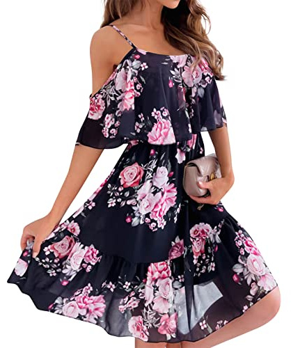 Kleider Damen Sommer Knielang A Linie Tüll Kleid Blumen Strandkleid Spaghettiträger Elegant Sommerkleid Damen Leicht Volantkleider Rüschen Damenkleider Tüll ärmel Sommerkleider Cold Shoulder