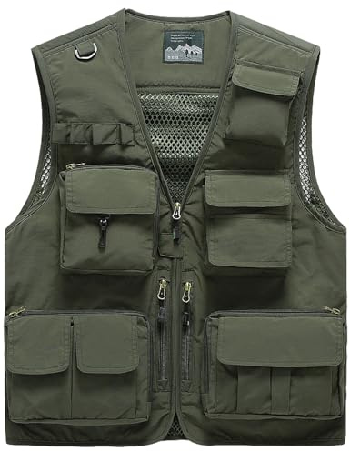 Vanchenl Herren Freizeit Safari Angeln Outdoor Arbeit Weste Jacke Foto Reise Cargo Mesh Weste Multi Taschen Armeegrün L