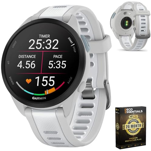 Garmin 010-02863-31 Forerunner 165 Music Smart Sport Watch, Mist Gray + Whitestone | Official USA Partner Model | Bundle with Deco Essentials Exclusive 26 Month CPS Enhanced Protection Pack