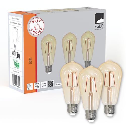 Eglo Lot de 3 ampoules LED filament E27, lampe vintage Edison, 4 watts (équivalent à 40 watts), verre ambré, blanc chaud, 2200 K, ampoule rétro ST64, Ø 6,4 cm