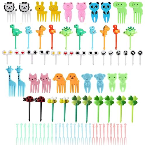 JCUGSBS 82 PCS Palillos de Dientes de Animales, Palillos para Niños Frutas, Mini Tenedores Infantiles Reutilizables de Frutas, Niños de Dibujos Animados para Lonchera Fiesta té Cumpleaños Colegio