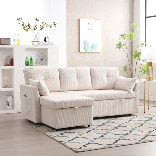 Soweiz Multifunktionales Schlafsofa mit ausziehbarem Bett, Schlafsofa mit austauschbarer Chaiselongue, Sofagarnitur mit Aufbewahrungssitz, L-förmiges Sofa, Ecksofagarnitur für Wohnzimmer (Beige)