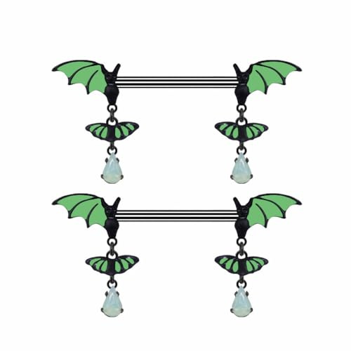 Niaspi Fledermaus-Nippelringe für Damen, 316L-Edelstahl, tropfenförmig, grün, Zirkonia, leuchtet im Dunkeln, leuchtend, baumelnd, Brustwarzenpiercing, Barbell, Halloween, Statement-Piercing, Schmuck