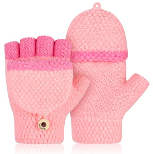 Kiiwah Gants Sans Doigts avec Rabat pour Enfant 3-8 Ans, Mitaine Hiver Thermique Gants pour Garçons Filles (Rose)