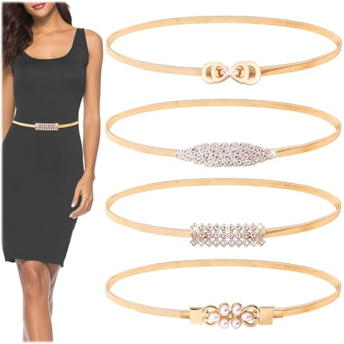 Realand 4 Stück Damen Skinny Stretchy Taillengürtel Mode Strass Perle Elastisch Dünn Metallkette Gürtel Cinch-Gürtel für Damenkleid