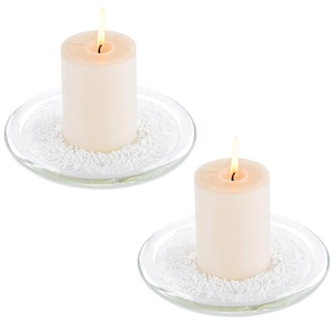 NUPTIO Glass Candle Plate for Home： Set of 2 Large Pillar Candle Tray - 7 inch Diameter Round Candle Dish for Home Wedding Party Easter Table Centerpiece