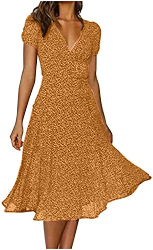 Dresses for Women UK Ladies Short Sleeve Maxi Dress V Neck Floral Swing A-Line Midi Frock Beach Boho Polka Dot Attire Casual Loose Evening Party Elegant Wedding Guest Outfit Yellow