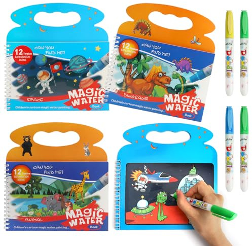 ZMDMAH 4er Set Magisches Wassermalbuch mit 4 Wasserstift Water Wow Malbuch Wiederverwendbare Wassermalbücher mit Magischem Farbeffekt für 2 3 4 5 6 Jahre alte Kindergeschenke
