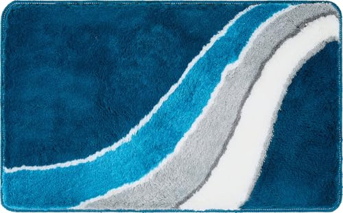 Erwin Müller Badematte Veria mit Wellenmuster Petrol-Creme Größe 50x80 cm - flauschig weicher Flor, Untersete rutschhemmend, für Fußbodenheizung geeignet