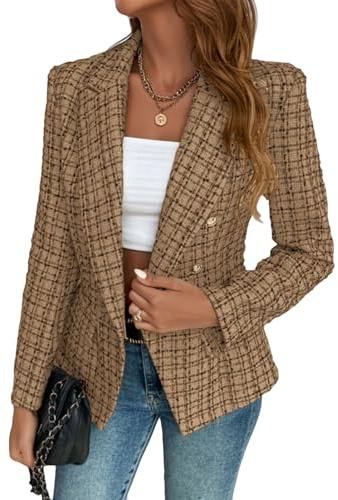 Mina Self Tweed Blazers for Women Chocolate Brown Plaid 2026 Spring Womens Fitted Blazer Jacket Business Casual Petite Fit Work Office Clothing Double-Breasted Women's Blazers & Suit Jackets Ladies