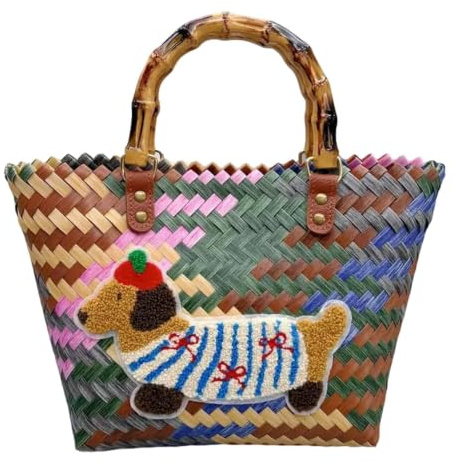 Damen Einkaufskorb Geflochten mit Henkel Wasserdicht Strandtasche Vintage mit Henkel Muster Korb Einkaufen Handtasche für Reisen Outdoor Picknick Einkaufen (Mittel-30cm)