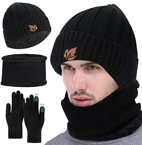 Cappello Uomo Invernali Sciarpa e Guanti Touch Screen, Uomo Invernali Beanie Cappello Lavorato a Maglia Sciarpa Scaldacollo e Guanti 3 in 1 Per Gli Uomini Sci Sport All'aria Aperta Regalo Invernale