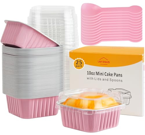 LNYZQUS Mini Cake Pans with Lids 25 Pack,10oz Small Baking Tins Foil Muffin Cups for Brownie, Individual 4” Bread Pan Disposable Cupcake Containers for Valentine Holiday Bake Sale-Pink