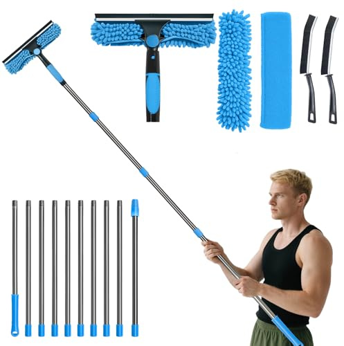 Orifesio 4,3 M Fensterreiniger Set, Fensterwischer mit Teleskopstiel, Fensterabzieher mit 10 Stangen, 2 Fugenbürsten und 3 Mikrofasertuch, Fensterreinigungsset für Hohe Fenster Innen/Außen, Blau