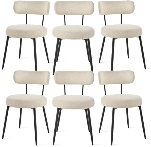 Bon Furni Esszimmerstühle 6er Bouclé Leinen Stoff, Beige | Moderne Gepolsterte Küchenstühle ohne Armlehne mit Metallbeinen, Komfortable Polsterstühle für Esszimmer & Küche