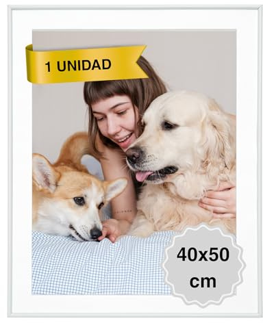 MARCOFOTO Marco de Fotos para Pared con Cristal Portafotos de PVC para Cuadros, Fotos, Láminas y Diplomas - Uso Vertical u Horizontal - Decoración Hogar u Oficina - Color Blanco 40x50 cm