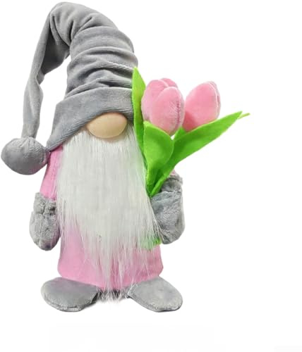 PureBowlic ansiktslös docka som håller tulpanbukett, plysch ragdoll för rosa och grå blommor, för mors dag och alla hjärtans dag, mjukt tyg semesterprydnad (C3-18 grå modell)