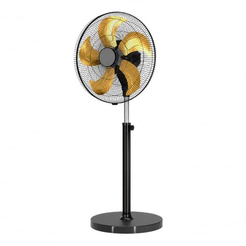 Ventilador de Pie Industrial 209W – 5 Velocidades, 5 Aspas Aluminio Dorado, Ø60 cm, Flujo 9.980 m³/h, Alta Velocidad 1.250 rpm, Orientable y Rotatorio, Altura Regulable 105–135 cm, Negro/Oro (209 W)