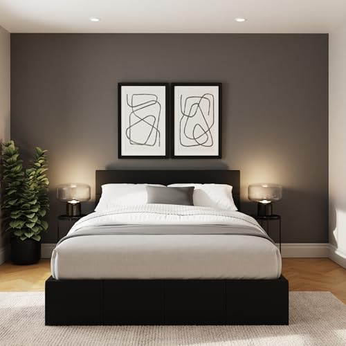 GFW End Lift Small Double Black Upholstered Fabric Ottoman Bed Frame, Storage Bed with Hydraulic Lift and Stitched Headboard