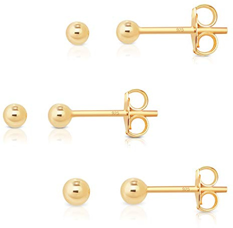 DTPsilver® 3 Paare WINZIGE/KLEINE Ohrringe 925 Sterling Silber Gelb Vergoldet - Runde Kugel Ohrstecker - Durchmesser: 2, 3, 4 mm