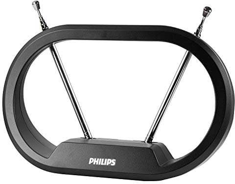 Philips Indoor TV Antenna Rabbit Ears for Local Channels, 15 Inch Extendable Dipoles, 4K 1080P VHF UHF, Tabletop Antenna, Digital HDTV Antenna, Smart TV, 4ft Coaxial Cable, Black, SDV7114A/27
