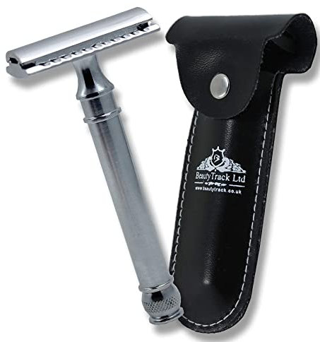 Classic Double Edge Safety Razor | Stylish Comfartable Black Coated Handle | Stainless Steel | Men Shaving Razor Comes in Leather Pouch