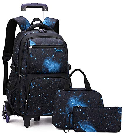 Primary Junior High Boys Rolling Backpacks Wheeled Bags Trolley School Bags Travel Luggage 3 in 1 Kids Bookbag Set with Lunch Bag