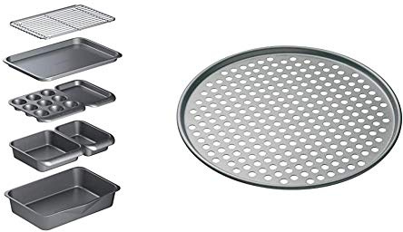 MasterClass Smart Space Stacking Non-Stick Bakeware Set, 7 Piece Baking Trays, Gift Boxed & 32 cm Perforated Pizza Tray with PFOA Non Stick, Robust 1 mm Thick Carbon Steel