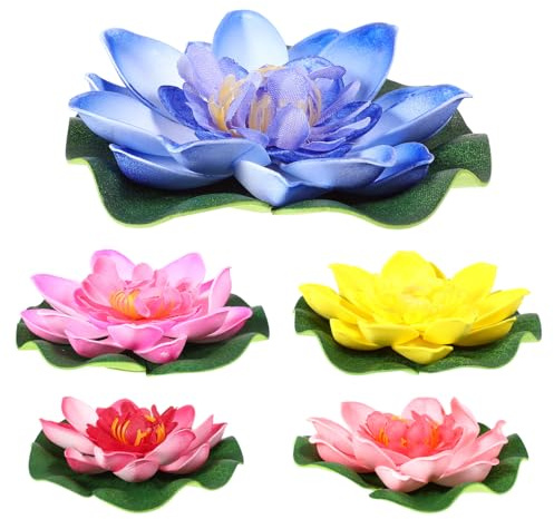 Artificial Floating Water Lily Lotus Flower 3.93 Inch Plastic Pond Plant Set of 5 for Aquarium Garden Patio Decoration