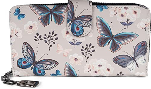 styleBREAKER Damen Geldbörse mit Buntem Schmetterling Muster, Vintage Design, Reißverschluss, Portemonnaie 02040156, Farbe:Hellgrau-Blau