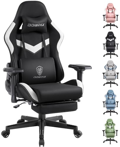 Dowinx Bürostuhl Gaming Stuhl Stoff - Ergonomischer Gaming-Stuhl mit Massage-Funktion, Kopfstütze, Lendenkissen und Fußstütze - Schwarzweiß