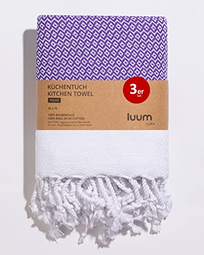Luum® 3er Set Geschirrtücher, Geschirrhandtücher, Küchentücher, Küchenhandtücher, 100% ringgesponnene Baumwolle, schnelltrocknend, fusselfrei, Lila, 45x70, Geschenkset