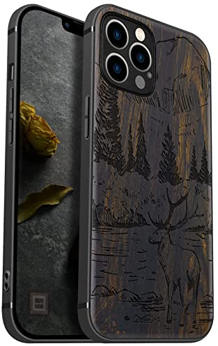 Carveit Handyhülle für iPhone 12 Pro Holz Cover kompatibel MagSafe mit Apple & QI drahtlosen magnetischen Ladegeräten Massivholz Kompatibel mit 12 Pro hulle（Dunklesholz-Berge und Hirsche）