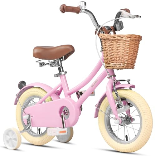 Glerc ‎Little Molly 12 Inch Kids Bike, Retro Cruiser Girls Bicycle for Children Ages 2-4 Years Old, Toddler Bike with Wicker Basket & Training Wheels, Pink