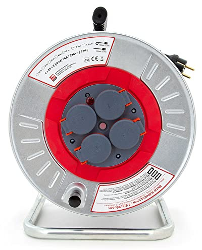 KOOP Elektro Metall Kabeltrommel Verlängerungskabel stark und robust mit 4 Steckdosen Schuko IP44, Wickel Kurbel, Thermoschutz und Netzschalter H05RR-F 3G2,5mm2 50M