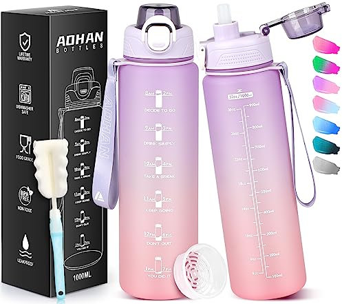 AOHAN Trinkflasche Sport 1l, Wasserflasche Tritan BPA-Frei, Auslaufsicher Trinkflasche mit Strohhalm, Sportflasche mit Filter und Zeitmarkierung für Fitness Radfahren Schule Büro und Outdoor