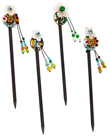 BIUDECO 4stücke Holz-haarstäbchen Mit Blumen-tassel Für Elegante Hochsteckfrisuren Traditionelle Chinesische Haarnadeln Für Hochzeiten Partys Und Besondere Anlässe